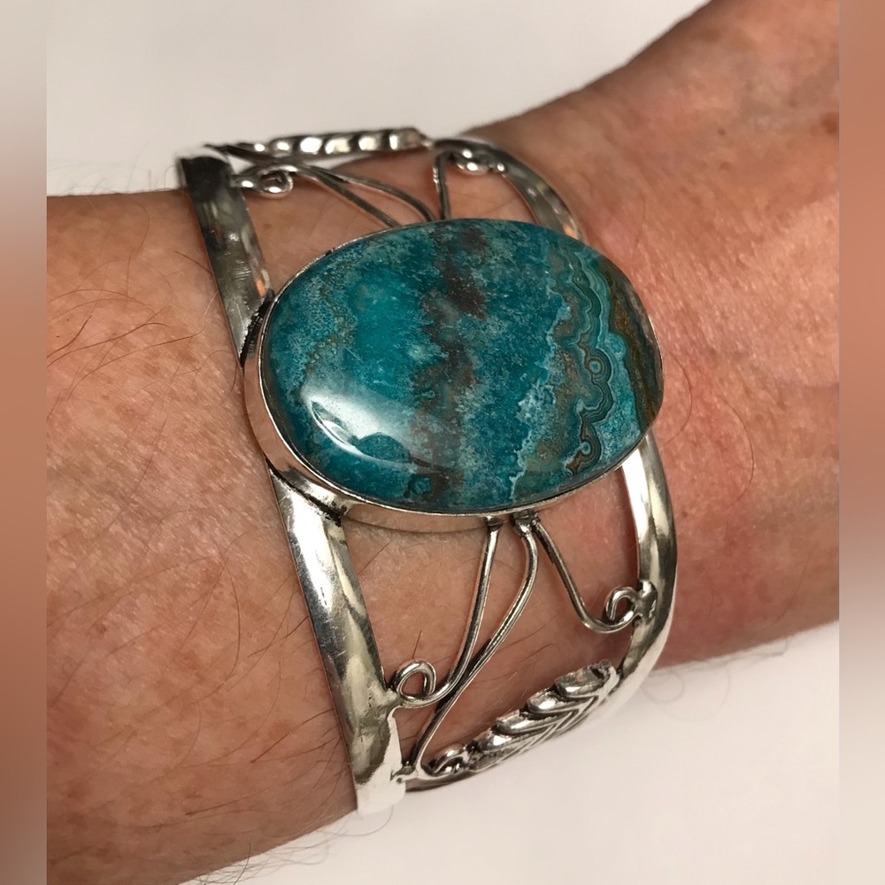 Chrysocolla Stamped 925 Sterling Silver Cuff Bracelet
